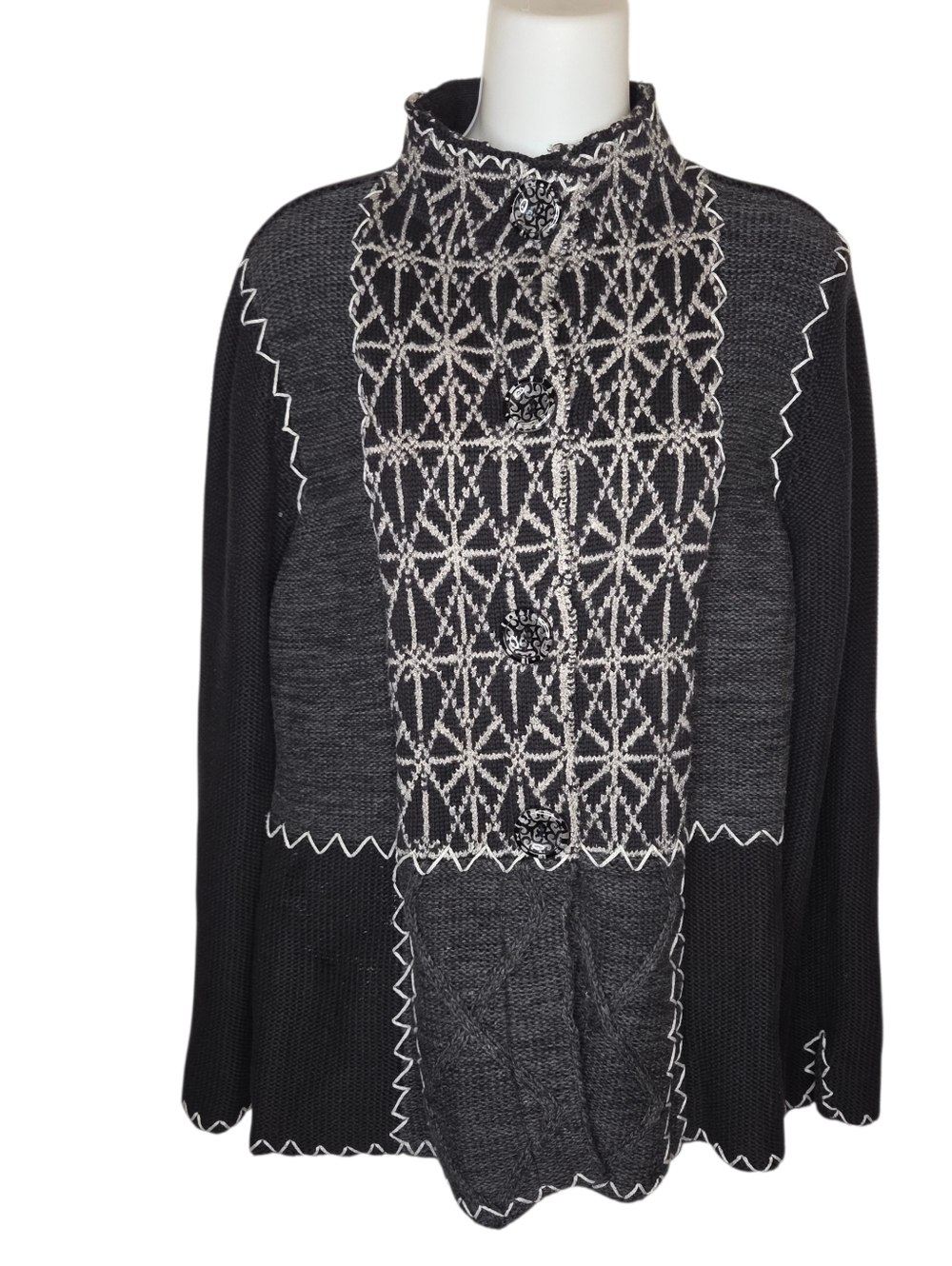 WinterSilks Artisan Silk-Lined Cotton Cardigan L - Nordic Geometric Knit